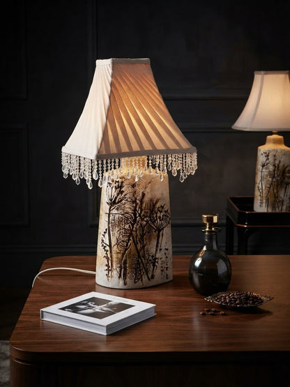 Vintage Botanical Table Lamp Slatted Shade Bead Fringe 21 in