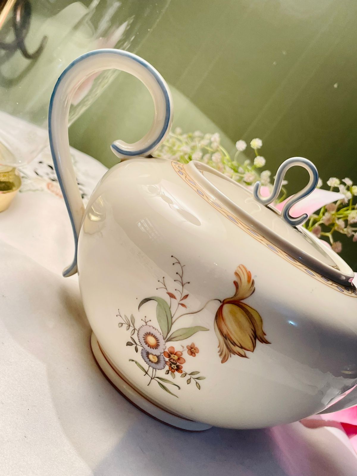 Krautheim Bavaria Floral Teapot with Lid, Cream & Blue