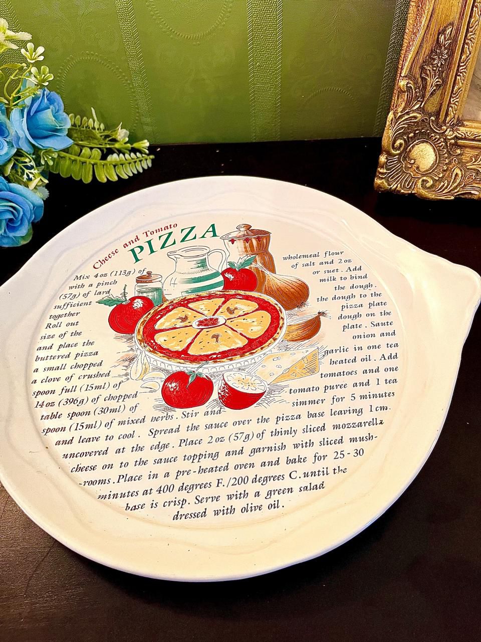 Vintage cream ceramic pizza recipe platter, 11 inch, front view