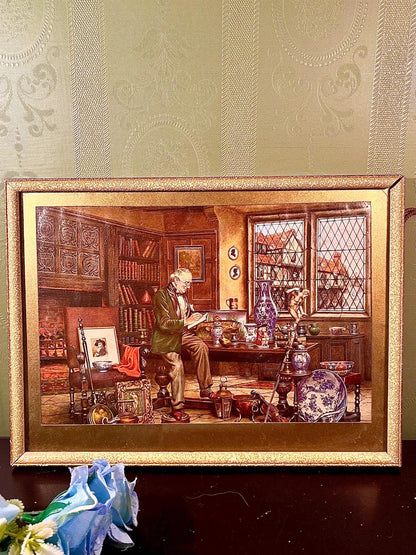 Vintage Framed Art Print Collector’s Study Scene