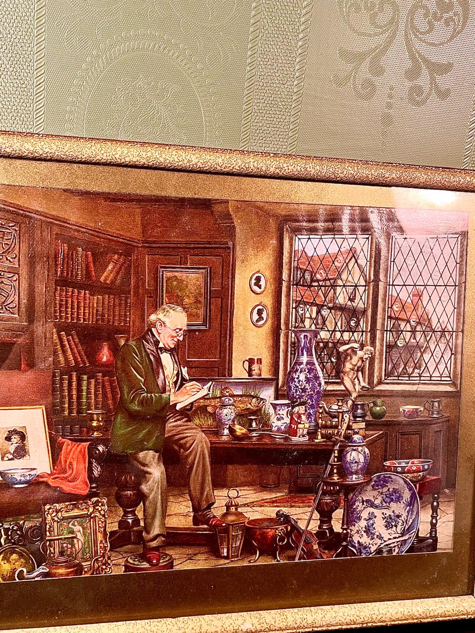 Vintage Framed Art Print Collector’s Study Scene