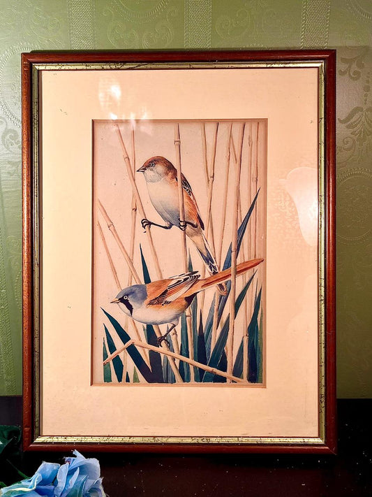 Vintage Framed Bird Print with Reed Scene 14 in