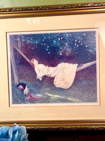 Vintage Framed water color painting Woman Resting in Hammock