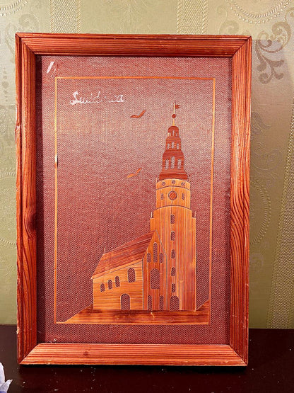 Vintage Sweden Framed Wood Veneer Church Artwork 11 in