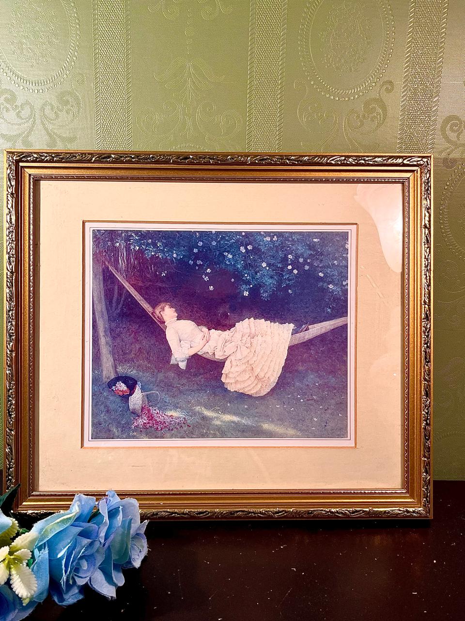Vintage Framed water color painting Woman Resting in Hammock