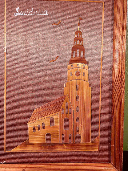 Vintage Sweden Framed Wood Veneer Church Artwork 11 in