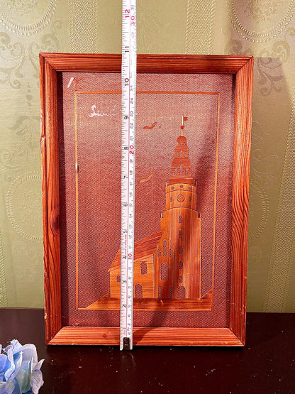 Vintage Sweden Framed Wood Veneer Church Artwork 11 in