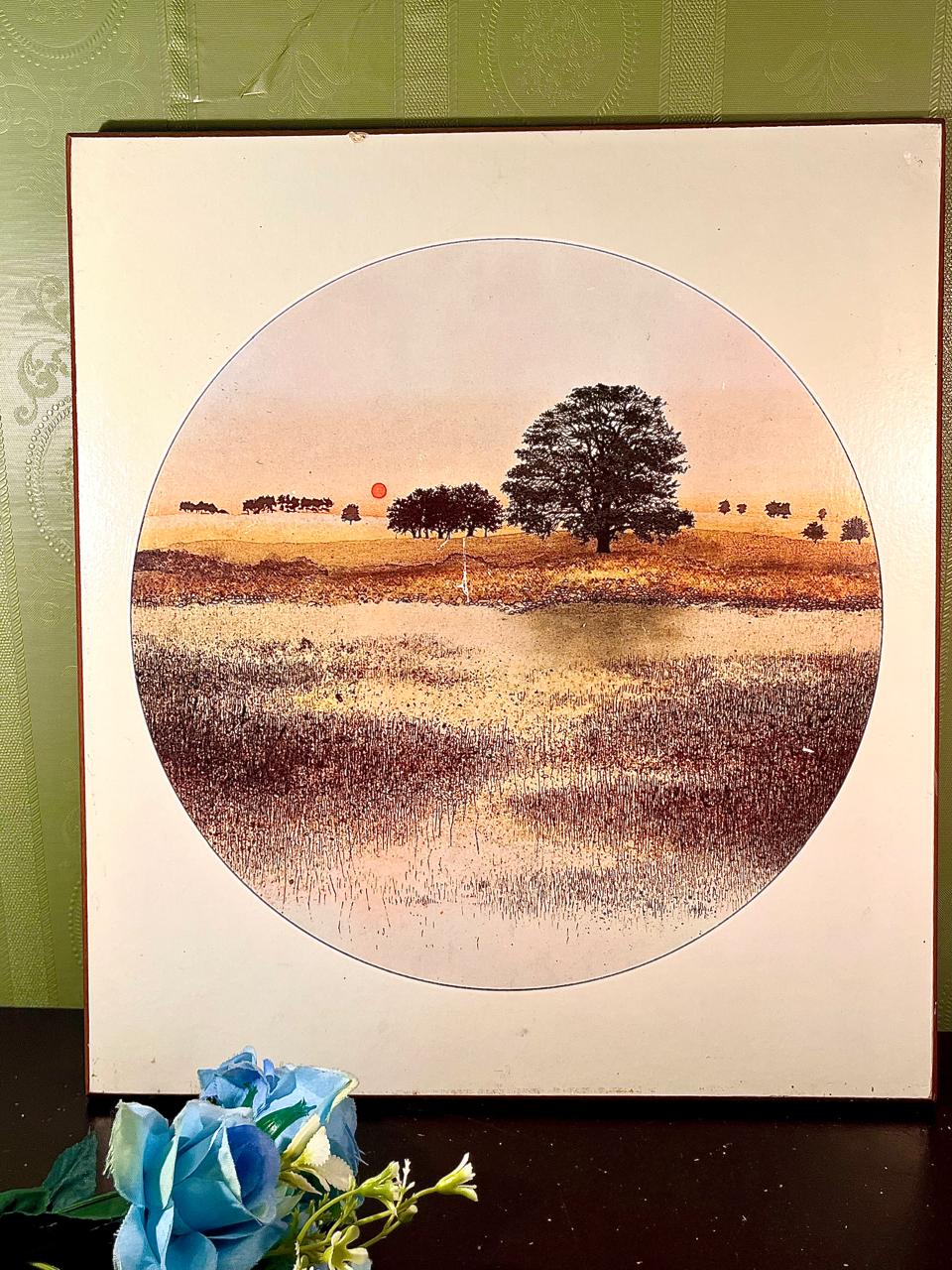Vintage Framed Sunset Landscape Plaque 15 in