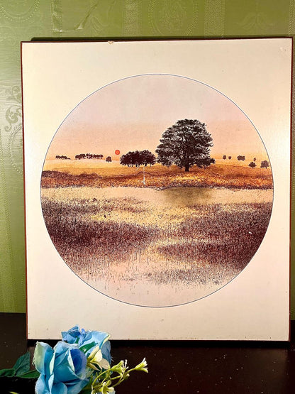 Vintage Framed Sunset Landscape Plaque 15 in