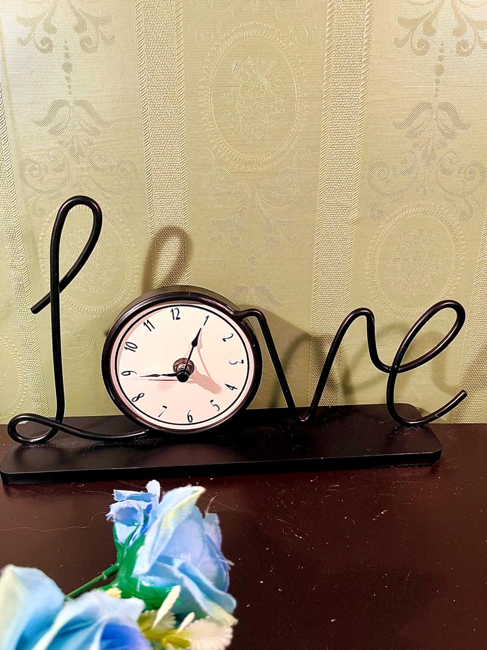 Black Metal Love Script Table Clock 12 in