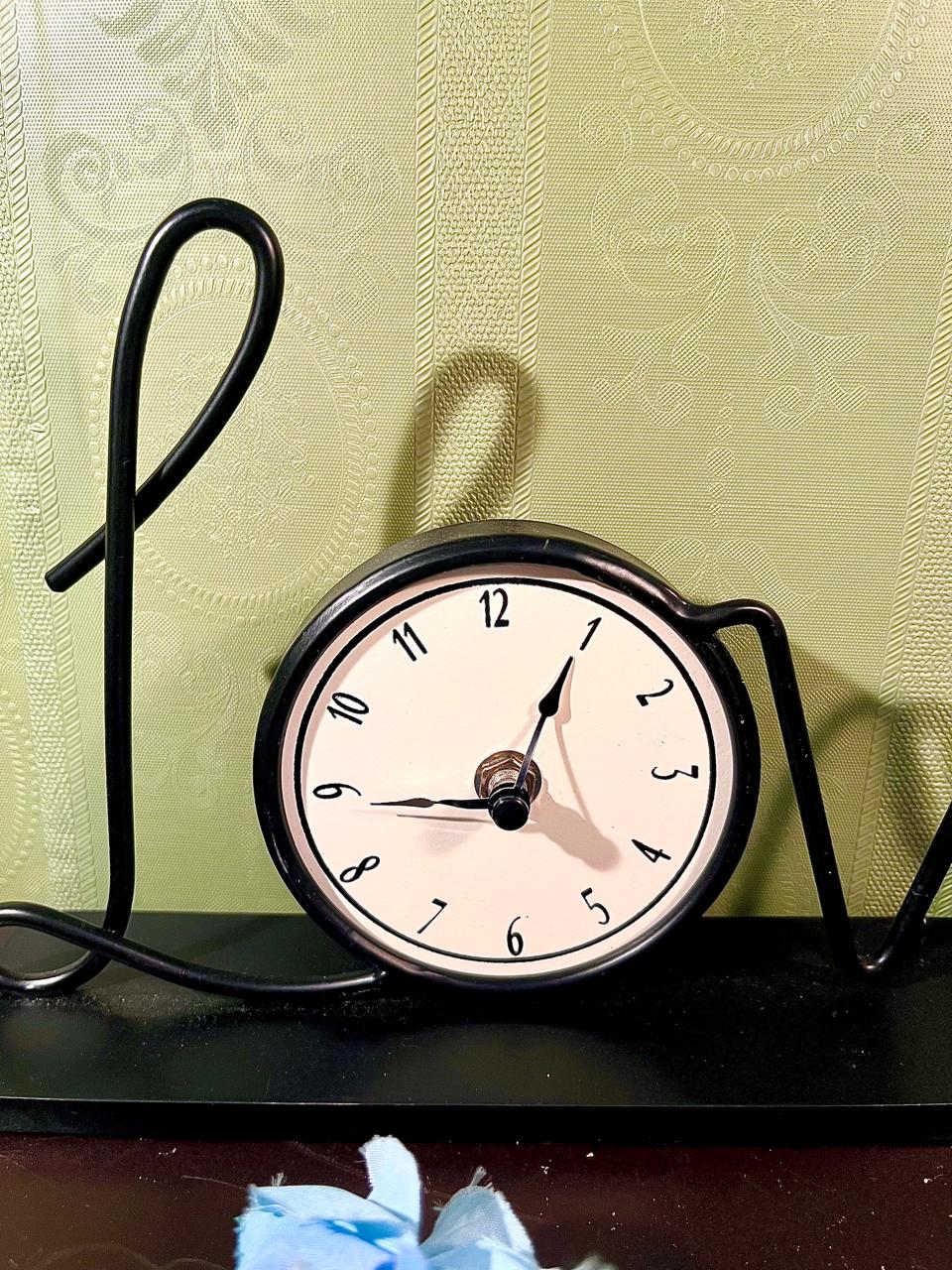Black Metal Love Script Table Clock 12 in