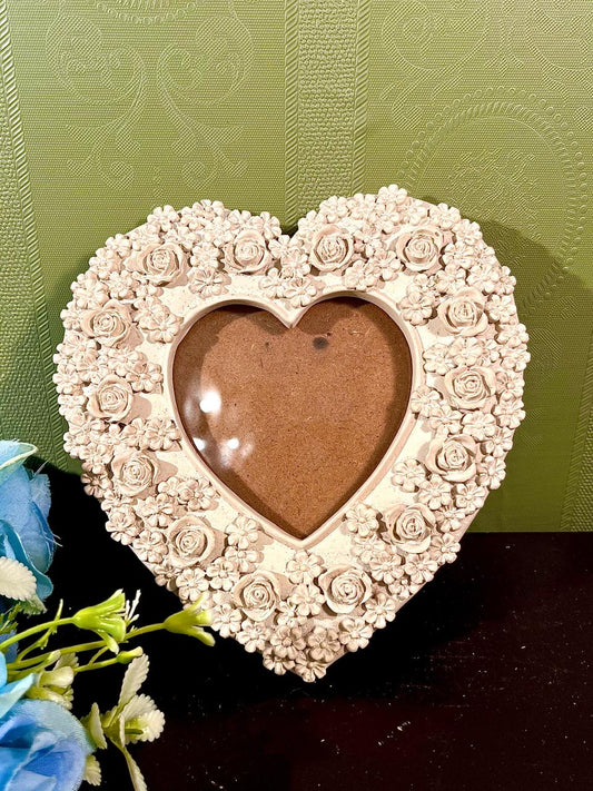 Cream Heart Photo Frame with Raised Roses 6 in