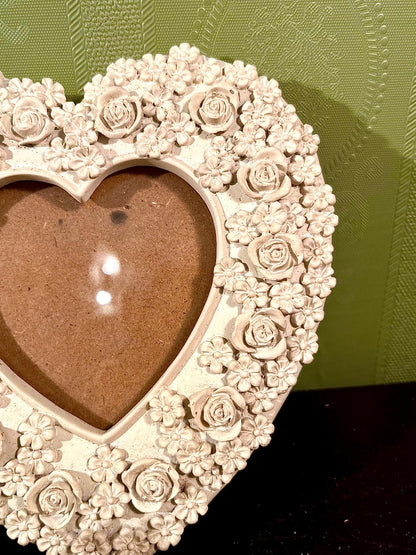 Cream Heart Photo Frame with Raised Roses 6 in