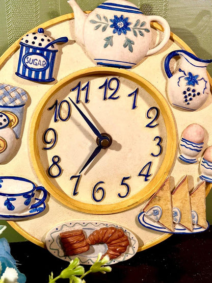 Blue Floral Tea-Time Kitchen Wall Clock 9 in