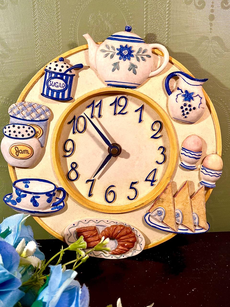 Blue Floral Tea-Time Kitchen Wall Clock 9 in
