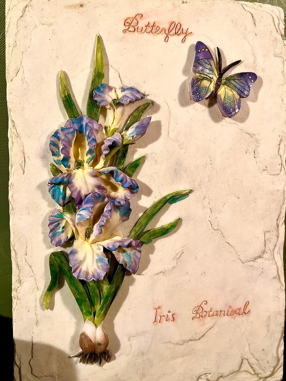 3D Iris Flower and Butterfly Botanical Wall Plaque 9 in