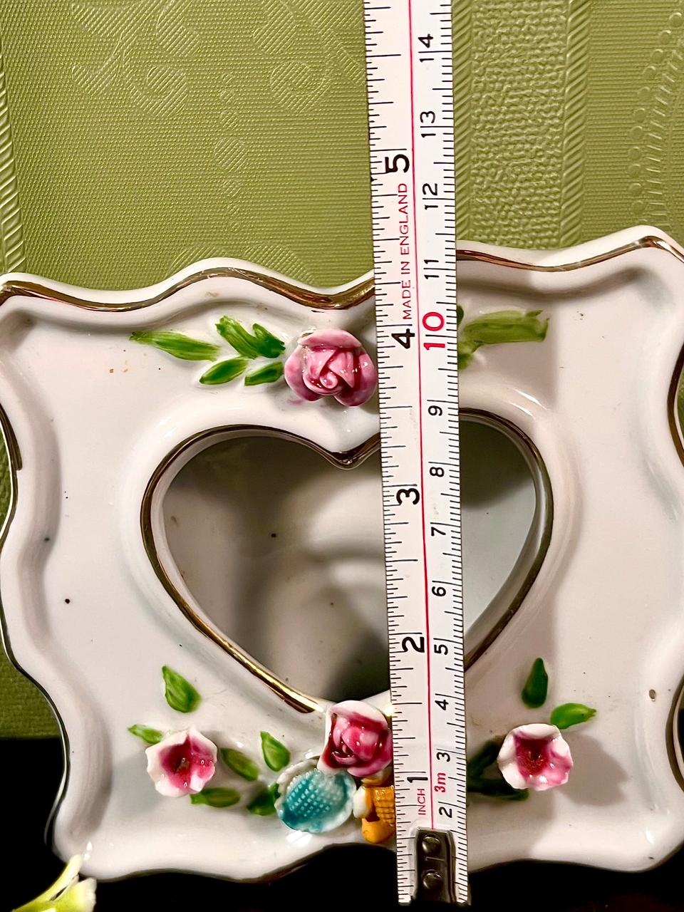 Vintage Pink Ceramic Heart Photo Frame with Raised Roses | Romantic Tabletop Picture Frame