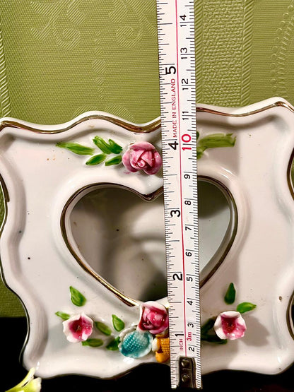 Vintage Pink Ceramic Heart Photo Frame with Raised Roses | Romantic Tabletop Picture Frame