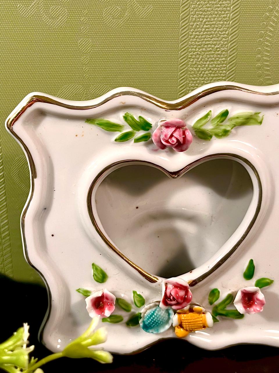 Vintage Pink Ceramic Heart Photo Frame with Raised Roses | Romantic Tabletop Picture Frame