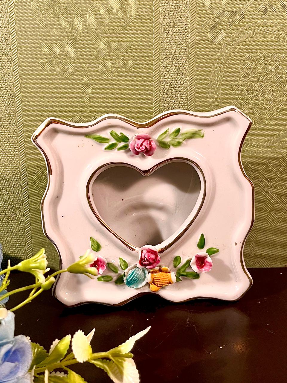 Vintage Pink Ceramic Heart Photo Frame with Raised Roses | Romantic Tabletop Picture Frame