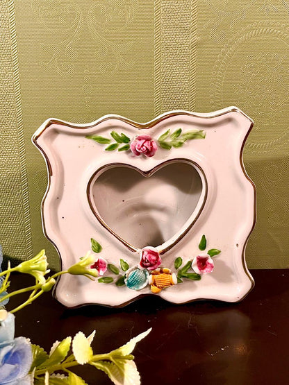 Vintage Pink Ceramic Heart Photo Frame with Raised Roses | Romantic Tabletop Picture Frame