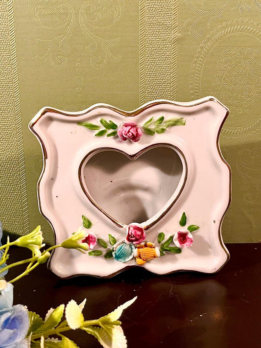 Vintage Pink Ceramic Heart Photo Frame with Raised Roses | Romantic Tabletop Picture Frame