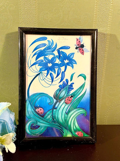 Ladybird Floral Framed Painting Blue & Green 16 cm