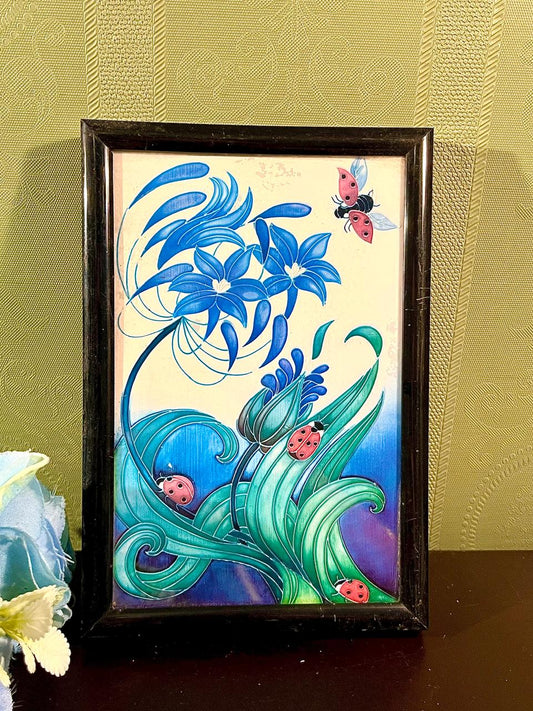Ladybird Floral Framed Painting Blue & Green 16 cm