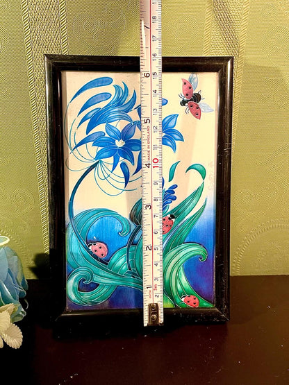 Ladybird Floral Framed Painting Blue & Green 16 cm