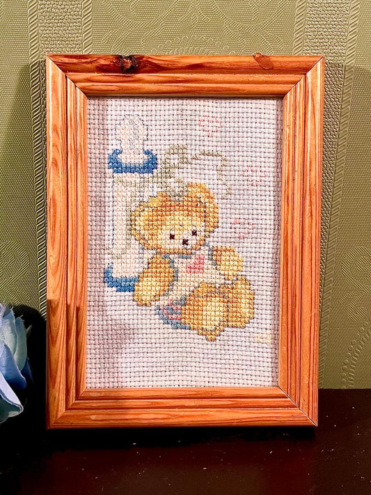 Framed Teddy Bear Needlework Artwork 6 Inch