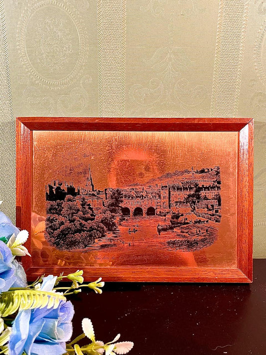 Framed Copper-Tone Cityscape Etching 9 Inch
