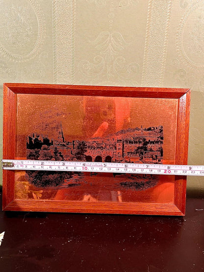 Framed Copper-Tone Cityscape Etching 9 Inch