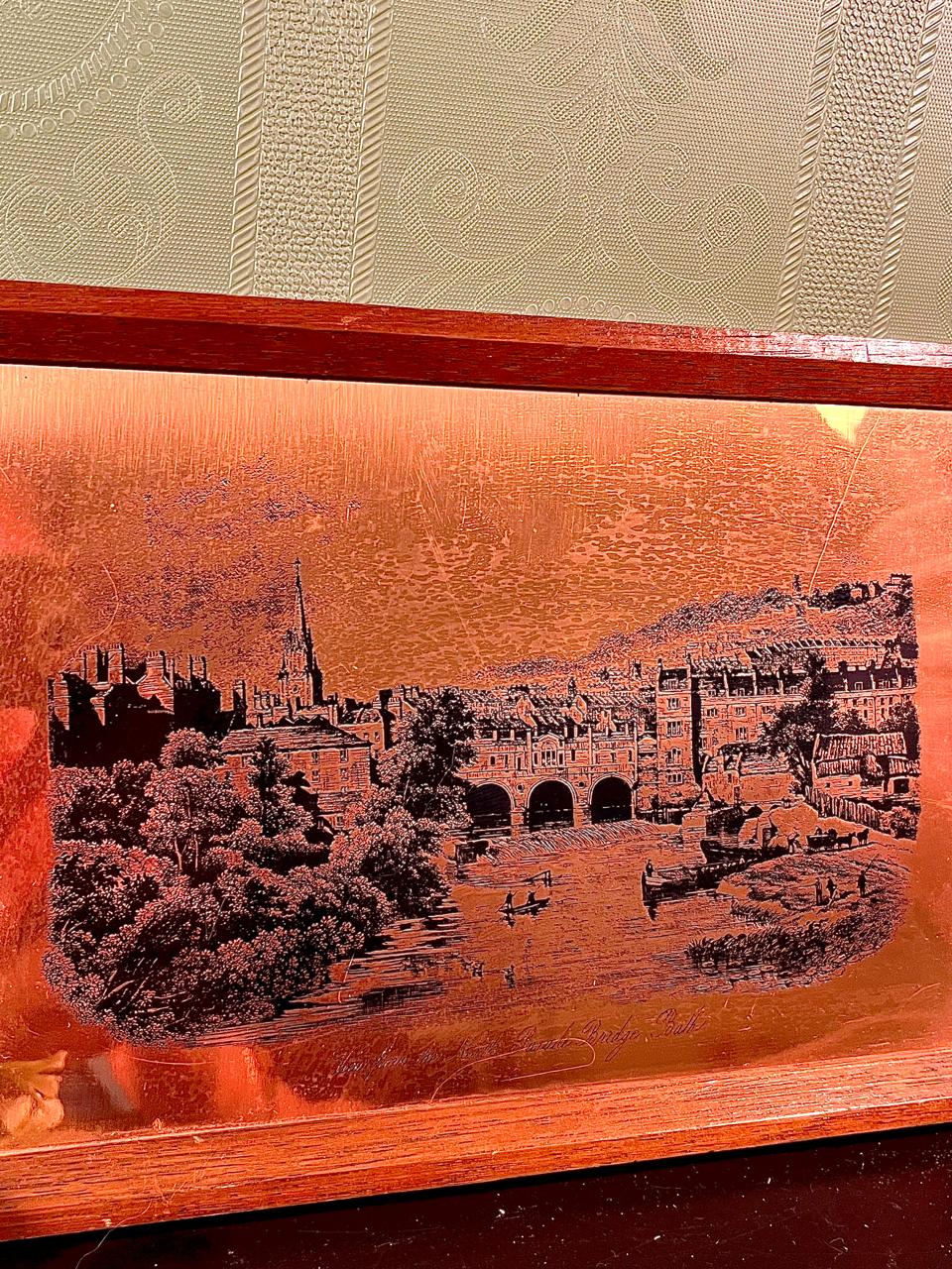 Framed Copper-Tone Cityscape Etching 9 Inch