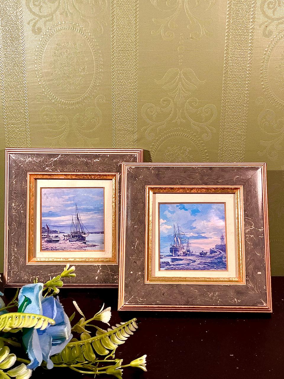 2 Framed Coastal Harbour Paintings 6-Inch Landscape Set