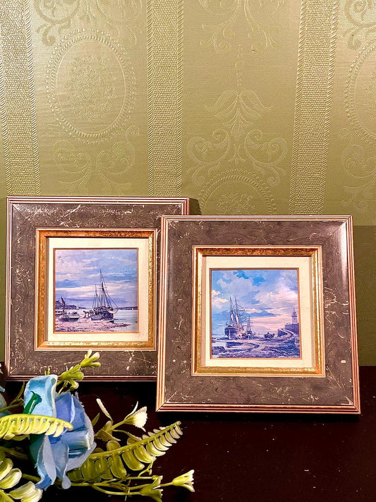 2 Framed Coastal Harbour Paintings 6-Inch Landscape Set
