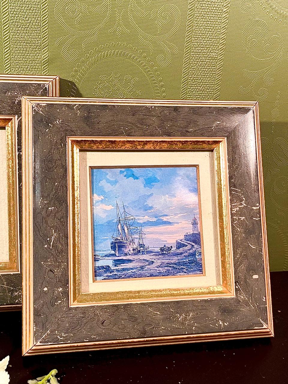 2 Framed Coastal Harbour Paintings 6-Inch Landscape Set