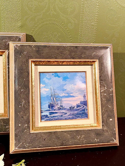 2 Framed Coastal Harbour Paintings 6-Inch Landscape Set