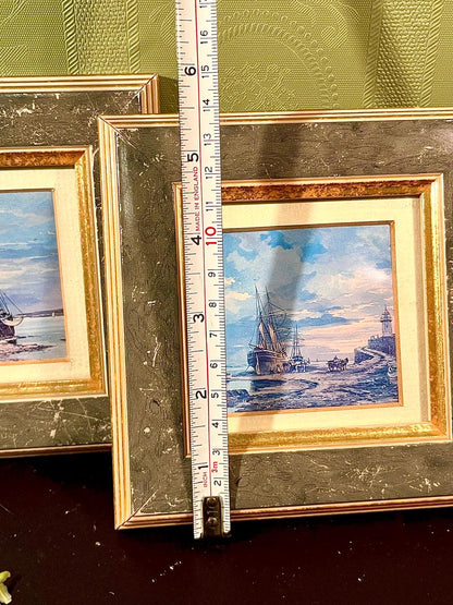 2 Framed Coastal Harbour Paintings 6-Inch Landscape Set