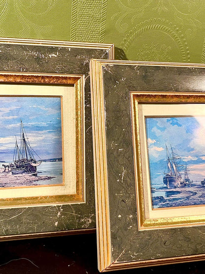 2 Framed Coastal Harbour Paintings 6-Inch Landscape Set