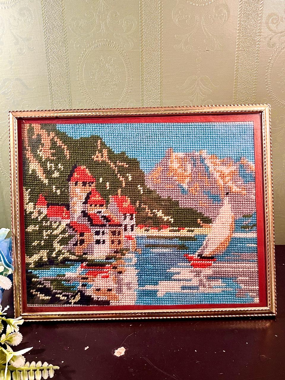 Framed Coastal Needlework Harbour Artwork Large