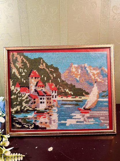 Framed Coastal Needlework Harbour Artwork Large