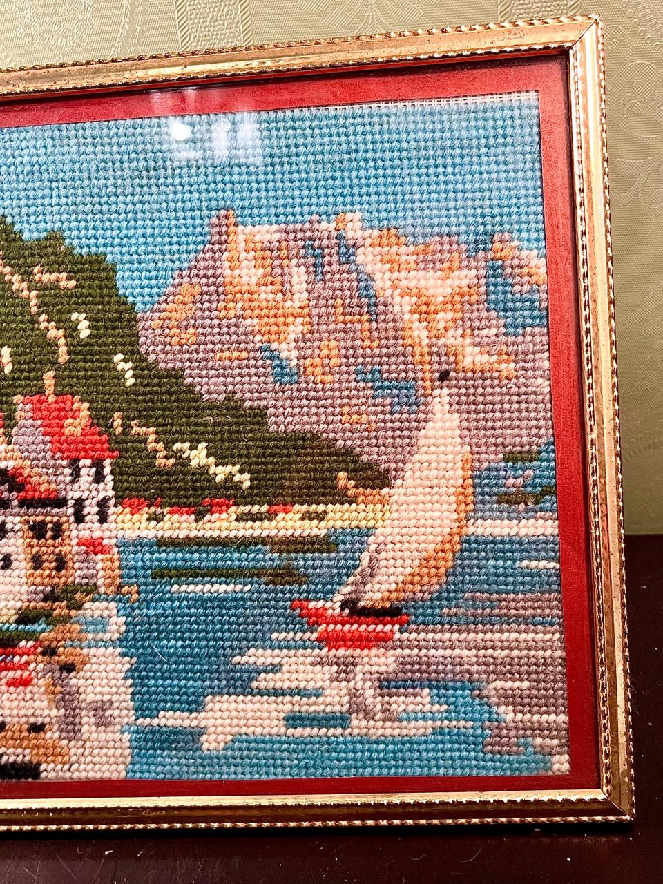 Framed Coastal Needlework Harbour Artwork Large