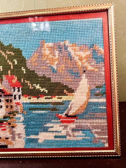 Framed Coastal Needlework Harbour Artwork Large