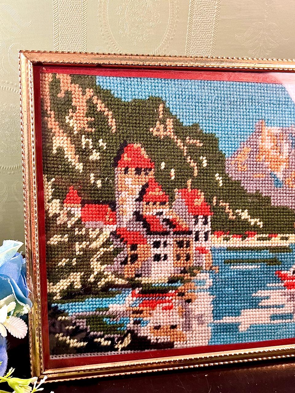 Framed Coastal Needlework Harbour Artwork Large
