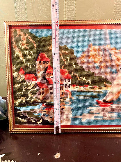 Framed Coastal Needlework Harbour Artwork Large