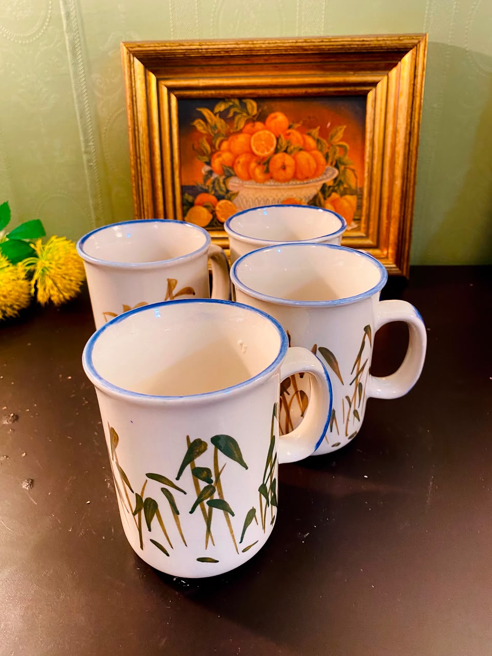 Botanical Ceramic Mugs White 4 Pieces 12cm