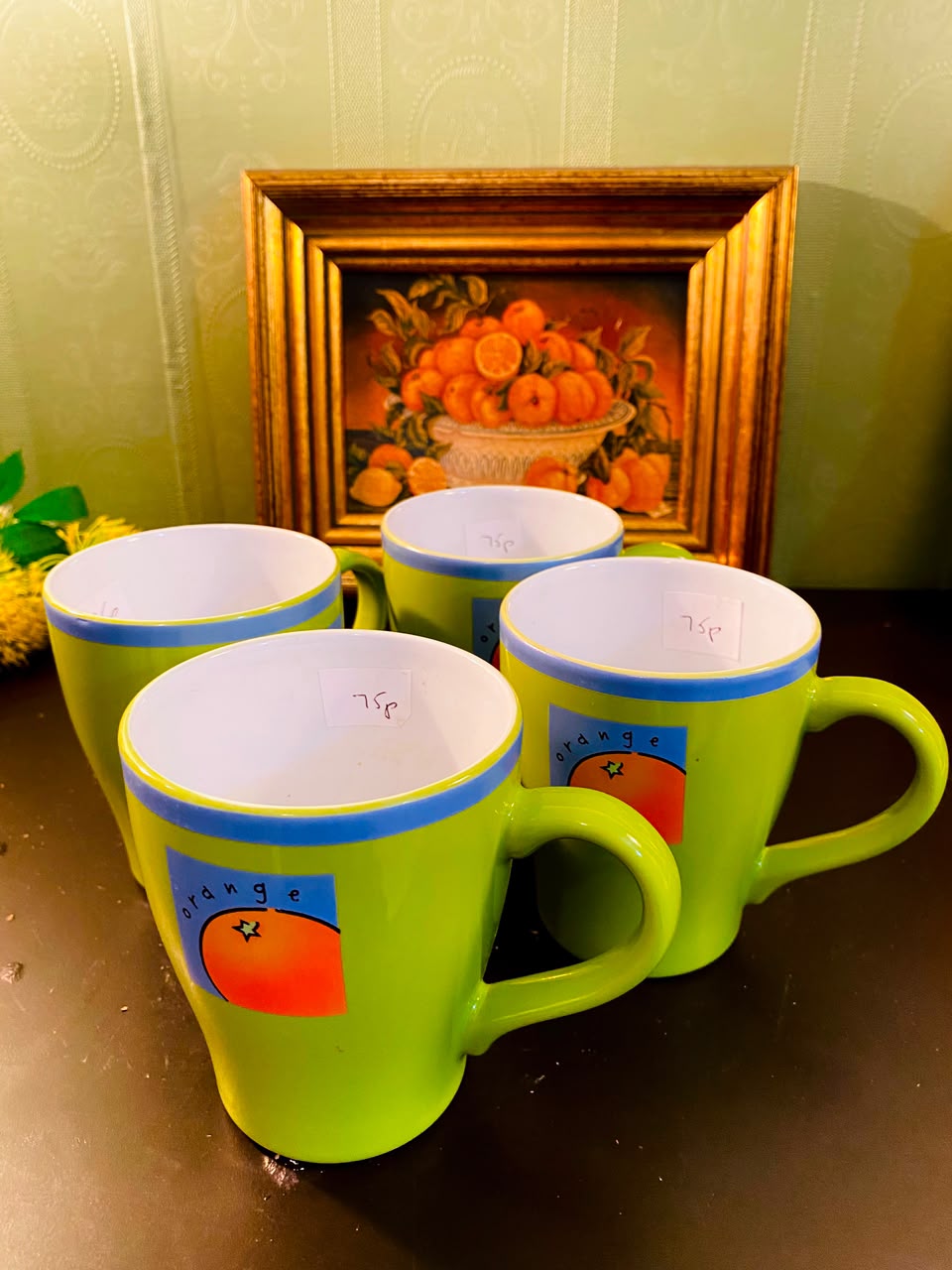 Lime Green Orange Motif Ceramic Mugs 4 Pieces 12cm
