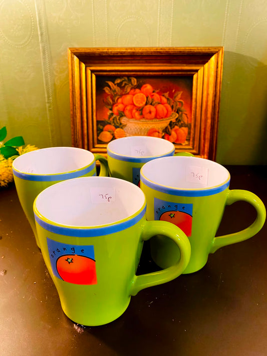 Lime Green Orange Motif Ceramic Mugs 4 Pieces 12cm