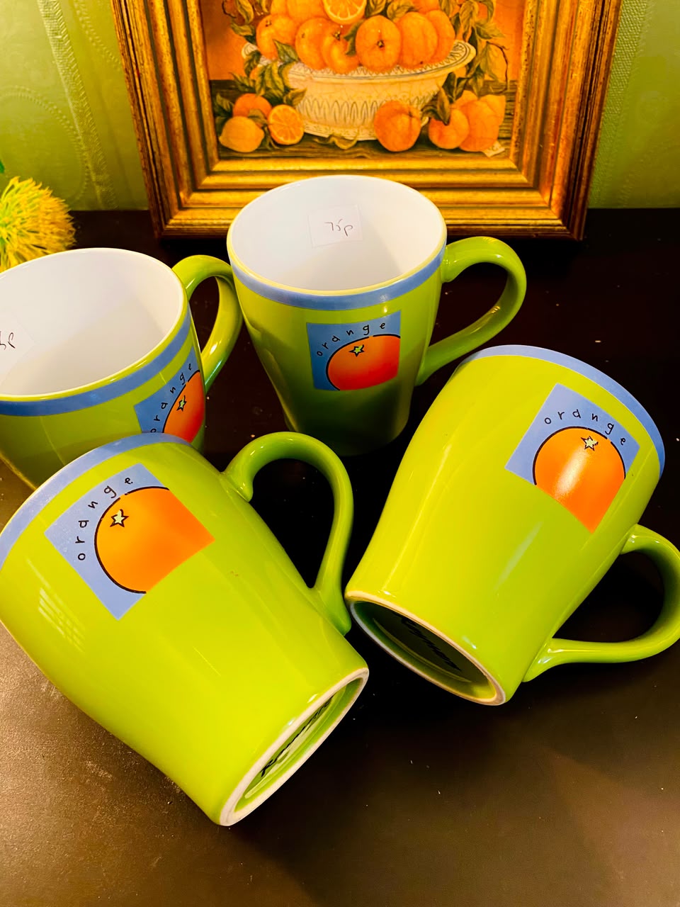 Lime Green Orange Motif Ceramic Mugs 4 Pieces 12cm