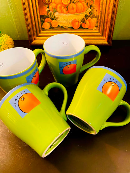 Lime Green Orange Motif Ceramic Mugs 4 Pieces 12cm